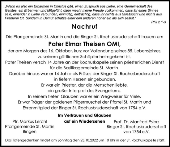 Traueranzeige von Elmar Theisen von vrm-trauer Allgemeine  Zeitung Ingelheim-Bingen