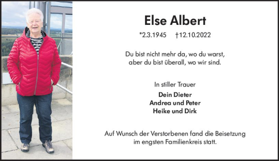 Traueranzeige von Else Albert von vrm-trauer Odenwälder Echo