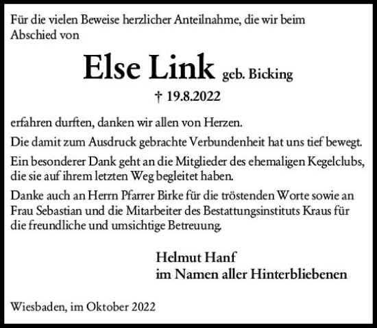 Traueranzeige von Else Link von vrm-trauer Wiesbadener Kurier