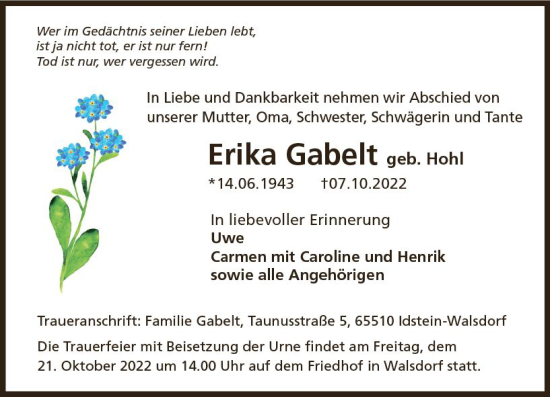 Traueranzeige von Erika Gabelt von vrm-trauer Idsteiner Zeitung
