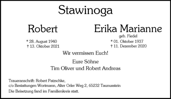 Traueranzeige von Erika Marianne Stawinoga von vrm-trauer Wiesbadener Kurier