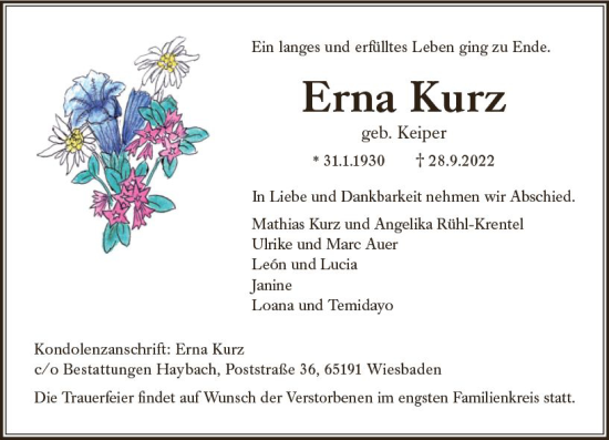 Traueranzeige von Erna Kurz von vrm-trauer Wiesbadener Kurier