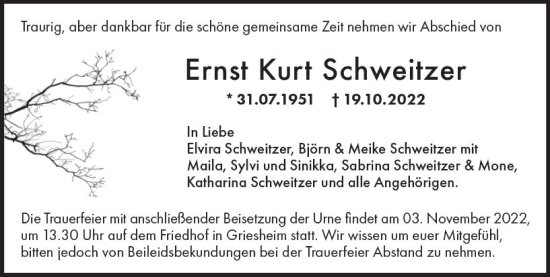 Traueranzeige von Ernst Kurt Schweitzer von vrm-trauer Darmstädter Echo