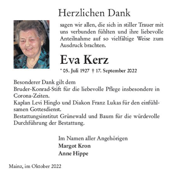 Traueranzeige von Eva Kerz von vrm-trauer AZ Mainz