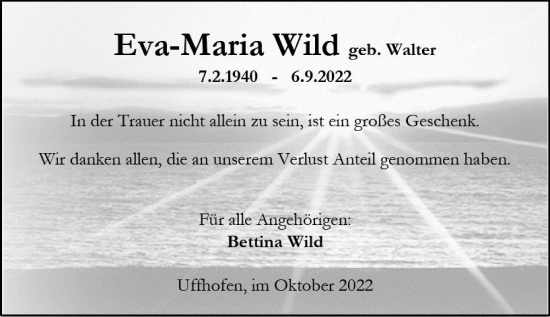 Traueranzeige von Eva-Maria Wild von vrm-trauer Allgemeine  Zeitung Ingelheim-Bingen