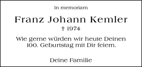 Traueranzeige von Franz Johann Kemler von vrm-trauer AZ Mainz