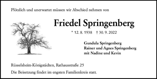 Traueranzeige von Friedel Springenberg von vrm-trauer Rüsselsheimer Echo / MainSpitze