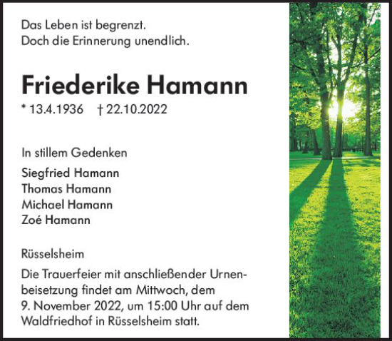 Traueranzeige von Friederike Hamann von vrm-trauer Rüsselsheimer Echo / MainSpitze