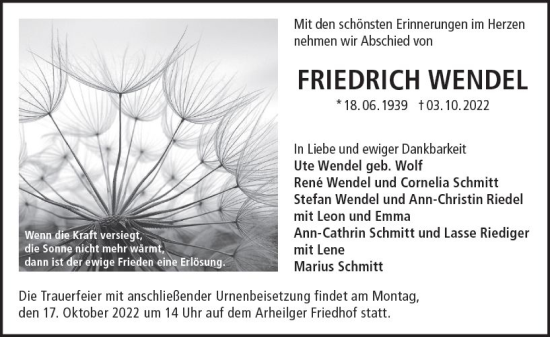 Traueranzeige von Friedrich Wendel von vrm-trauer Darmstädter Echo