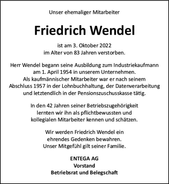 Traueranzeige von Friedrich Wendel von vrm-trauer Odenwälder Echo