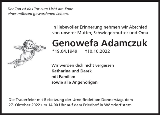 Traueranzeige von Geniwefa Adamczuk von vrm-trauer Idsteiner Zeitung