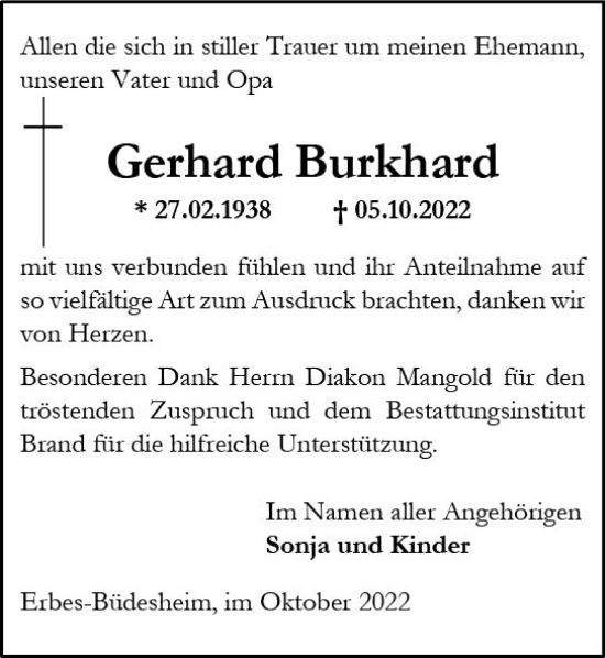 Traueranzeige von Gerhard Burkhard von vrm-trauer Allgemeine Zeitung Alzey