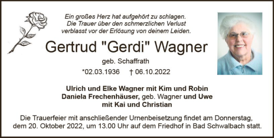 Traueranzeige von Gertrud Wagner von vrm-trauer Wiesbadener Kurier