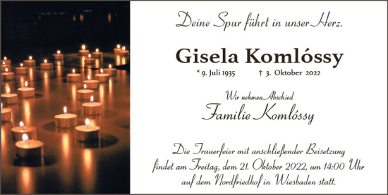 Traueranzeige von Gisela Komlossy von vrm-trauer Wiesbadener Kurier