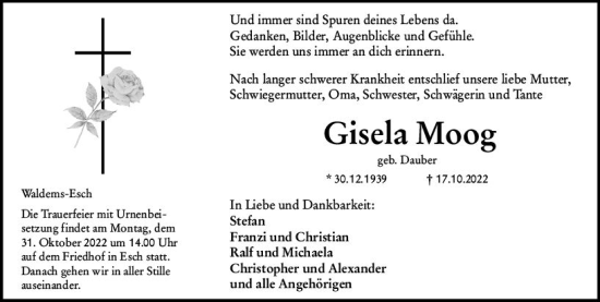 Traueranzeige von Gisela Moog von vrm-trauer Idsteiner Zeitung