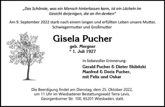 Traueranzeige von Gisela Pucher von vrm-trauer Wiesbadener Kurier