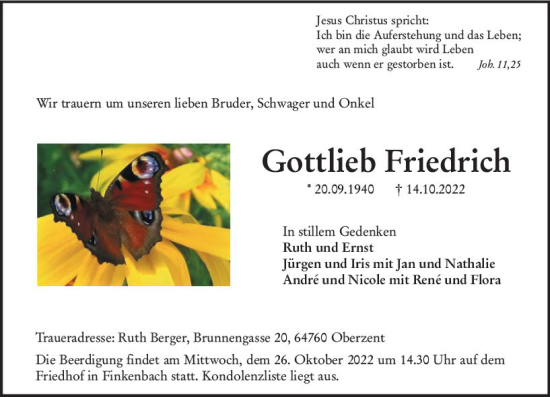 Traueranzeige von Gottlieb Friedrich von vrm-trauer Odenwälder Echo