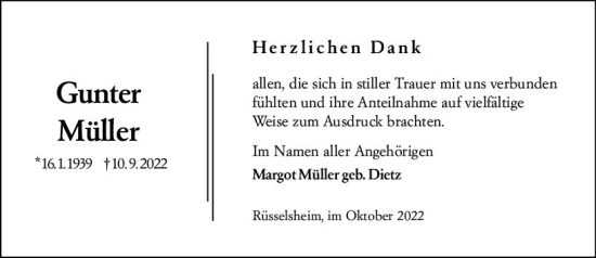 Traueranzeige von Gunter Müller von vrm-trauer Rüsselsheimer Echo / MainSpitze