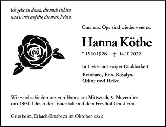 Traueranzeige von Hanna Köthe von vrm-trauer Darmstädter Echo