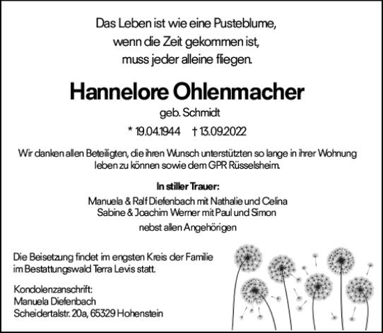 Traueranzeige von Hannelore Ohlenmacher von vrm-trauer Wiesbadener Kurier