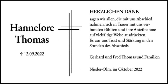 Traueranzeige von Hannelore Thomas von vrm-trauer AZ Mainz
