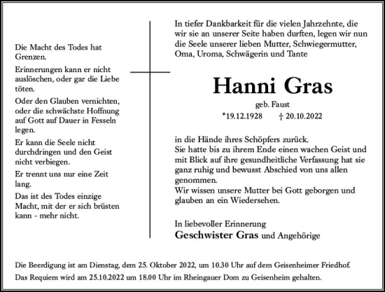 Traueranzeige von Hanni Gras von vrm-trauer Rheingau