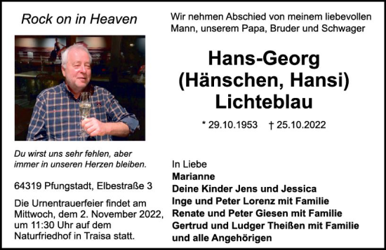 Traueranzeige von Hans-Georg Lichteblau von vrm-trauer Darmstädter Echo