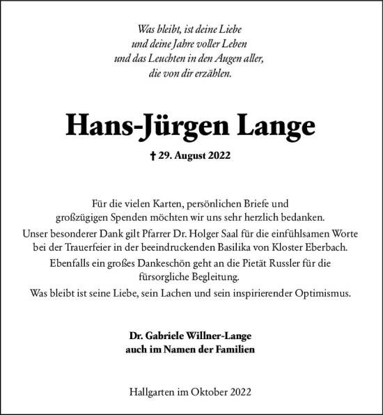 Traueranzeige von Hans-Jürgen Lange von vrm-trauer Rheingau