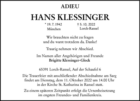 Traueranzeige von Hans Klessinger von vrm-trauer Rheingau
