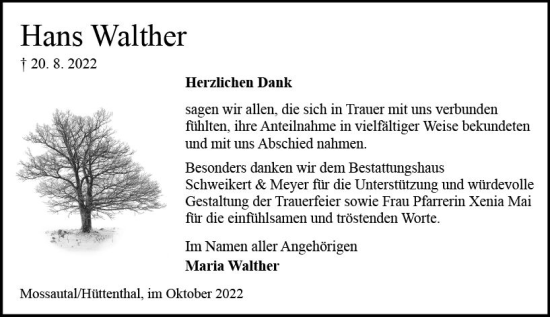 Traueranzeige von Hans Walther von vrm-trauer Odenwälder Echo
