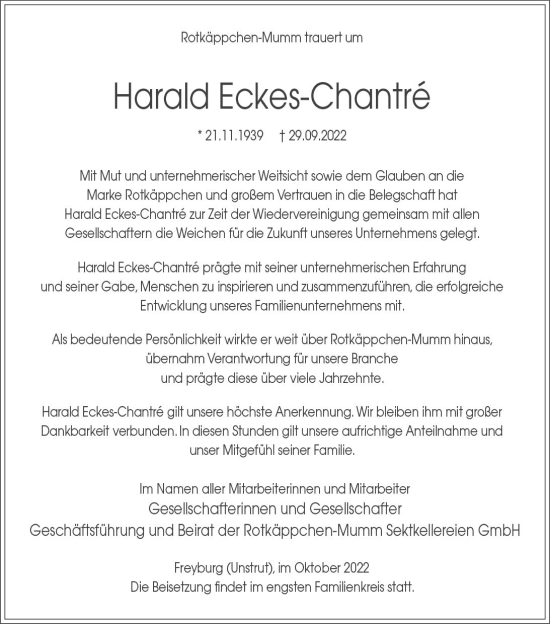 Traueranzeige von Harald Eckes-Chantré von vrm-trauer Wiesbadener Kurier