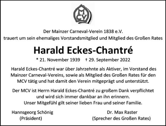 Traueranzeige von Harald Eckes-Chantré von vrm-trauer AZ Mainz
