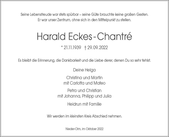 Traueranzeige von Harald Eckes-Chantré von vrm-trauer Wiesbadener Kurier