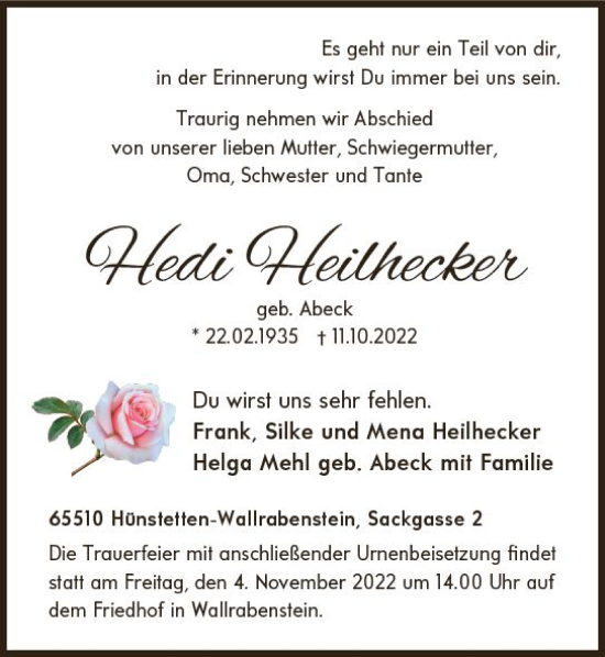Traueranzeige von Hedi Heilhecker von vrm-trauer Idsteiner Zeitung