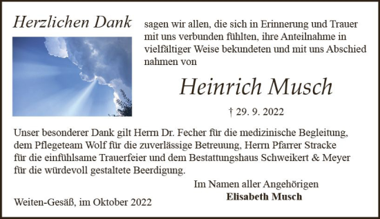 Traueranzeige von Heinrich Musch von vrm-trauer Odenwälder Echo