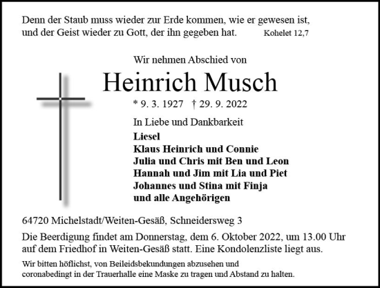Traueranzeige von Heinrich Musch von vrm-trauer Odenwälder Echo