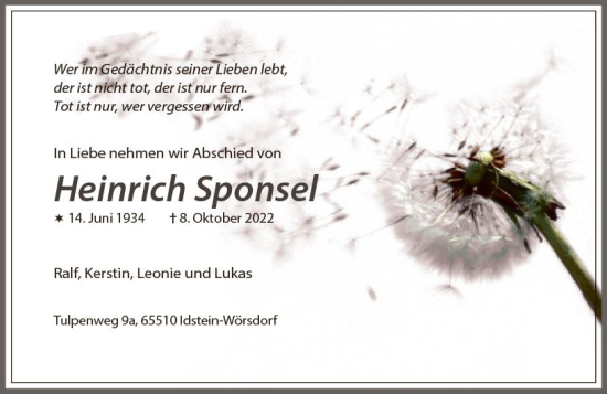 Traueranzeige von Heinrich Sponsel von vrm-trauer Wiesbadener Kurier