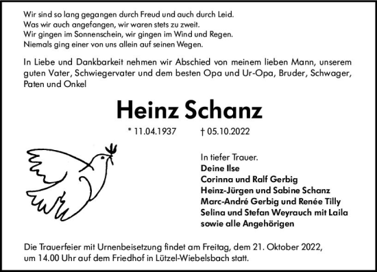 Traueranzeige von Heinz Schanz von vrm-trauer Odenwälder Echo