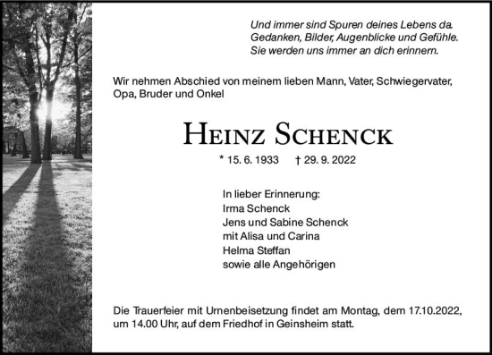 Traueranzeige von Heinz Schenck von vrm-trauer Groß-Gerauer Echo