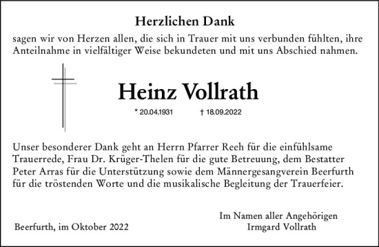 Traueranzeige von Heinz Vollrath von vrm-trauer Odenwälder Echo