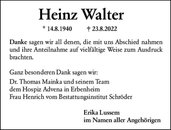 Traueranzeige von Heinz Walter von vrm-trauer Wiesbadener Kurier