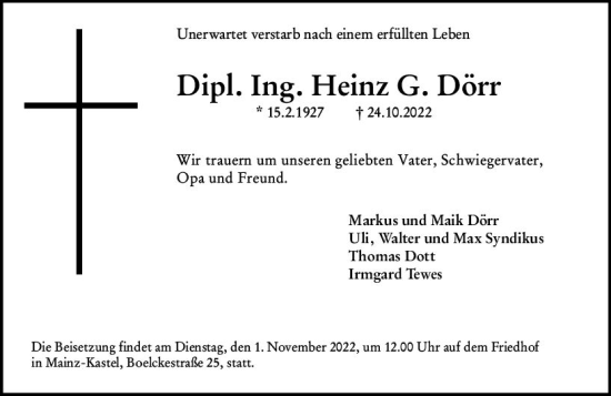 Traueranzeige von Heinz G. Dörr von vrm-trauer Hochheimer Zeitung