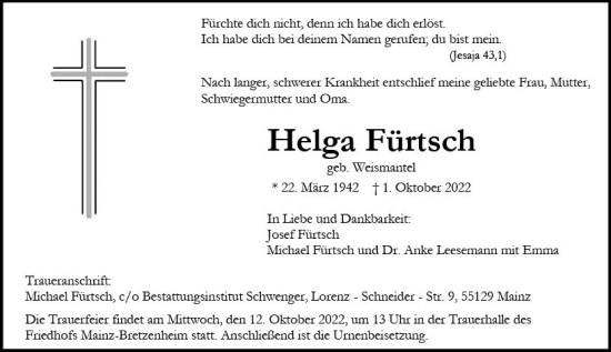 Traueranzeige von Helga Fürtsch von vrm-trauer AZ Mainz