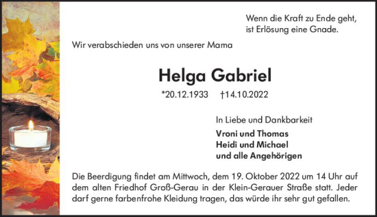 Traueranzeige von Helga Gabriel von vrm-trauer Groß-Gerauer Echo