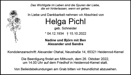 Traueranzeige von Helga Pichl von vrm-trauer WK-UTA