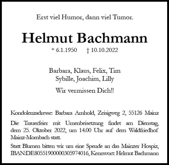 Traueranzeige von Helmut Bachmann von vrm-trauer AZ Mainz