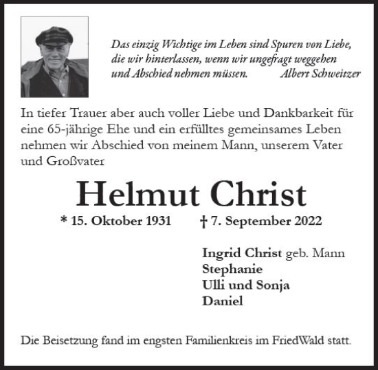 Traueranzeige von Helmut Christ von vrm-trauer Wiesbadener Kurier