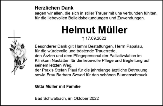 Traueranzeige von Helmut Müller von vrm-trauer WK-UTA