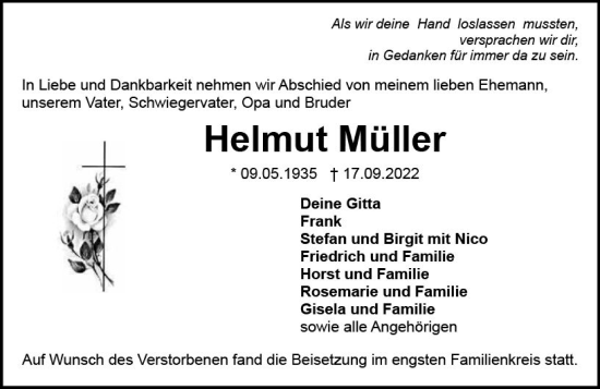 Traueranzeige von Helmut Müller von vrm-trauer WK-UTA