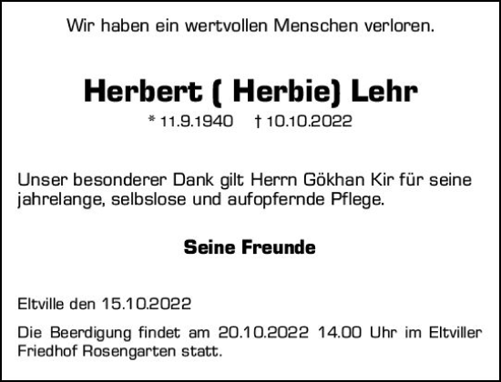 Traueranzeige von Herbert Lehr von vrm-trauer Wiesbadener Kurier